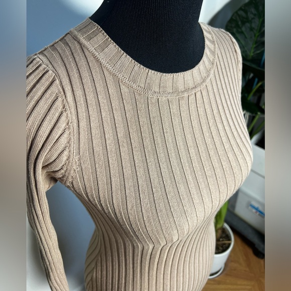 Room Service, Long Ribbed Buttoned Dress with Sleeves, Tan/Brown/Rose Gold, Med - Picture 2 of 10